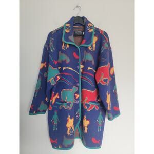 Vtg Tundra Womens M Wool Button Front Self Print Sweater Cardigan Coat